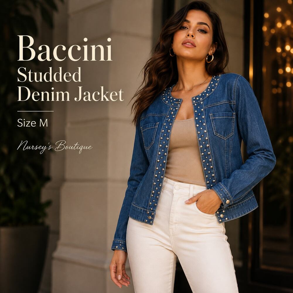 Baccini Studded Denim Jacket Medium Y2K Embellished Stretch Jean Jacket